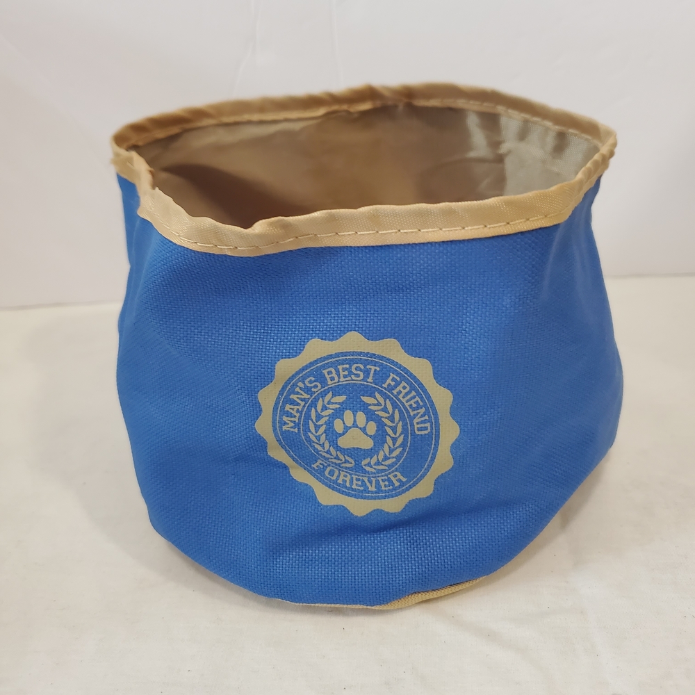 Blue and Tan Collapsible Dog Travel Bowl - "Man's Best Friend"